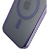 Fioletowe etui na telefon z przezroczystym tyłem, na którym widoczny jest okrągły wzór oraz logo w kształcie jabłka. Krawędzie etui są lekko zaokrąglone, a materiał wydaje się być matowy.