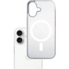Przezroczyste etui z białym okręgiem i pionowym paskiem na środku, przeznaczone do telefonu z dwoma aparatami. Produkt to "Etui 3MK Frosty MagCase do Apple iPhone 17 Biały".
