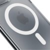 Przezroczyste etui na telefon z widocznym białym okręgiem i pionowym paskiem, przez które prześwituje logo w kształcie jabłka. Etui ma gładką powierzchnię i jest przeznaczone do urządzeń mobilnych.