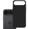 Czarne etui wykonane z silikonu, przeznaczone do telefonu Apple iPhone, jest przedstawione na tle częściowo widocznego telefonu z logo Apple. Etui ma wycięcie na aparat i jest w kolorze grafitowym.