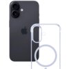 Na zdjęciu widoczny jest czarny smartfon z logo w kształcie nadgryzionego jabłka oraz przezroczyste etui z okrągłym wzorem na środku. Etui ma wycięcia na aparat i inne elementy telefonu.