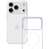 Na zdjęciu widoczny jest przezroczysty etui na telefon z trzema dużymi otworami na aparaty oraz logo w kształcie nadgryzionego jabłka na białym tle. Obok etui znajduje się telefon z trzema obiektywami aparatu i lampą błyskową.