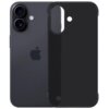 Na zdjęciu widoczny jest czarny telefon z logo w kształcie nadgryzionego jabłka oraz czarne etui z wycięciami na aparat i przyciski. Etui jest przezroczyste, matowe i dopasowane do kształtu telefonu.