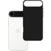 Czarne etui na telefon jest przedstawione obok białego smartfona z widocznym logo w kształcie nadgryzionego jabłka. Etui ma matowe wykończenie i wycięcie na aparat fotograficzny.