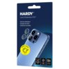 Opakowanie produktu "Hardy Lens Protection Pro" z grafiką przedstawiającą telefon z trzema obiektywami aparatu oraz trzema nakładkami ochronnymi. Na opakowaniu znajdują się napisy: "Ochrona obiektywu/Proteção de lente/Protection de lentille", "Perfect camera picture", "Anti-crash", "Easy installation", "9H hardness".