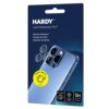 Opakowanie produktu "Hardy Lens Protection Pro" z grafiką przedstawiającą telefon z trzema obiektywami oraz trzema okrągłymi nakładkami na obiektywy. Na opakowaniu znajdują się napisy: "Ochrona obiektywu/Proteção de lente/Protection de lentille", "Perfect