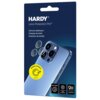Opakowanie produktu "Hardy Lens Protection Pro" z grafiką przedstawiającą telefon z trzema obiektywami oraz trzema nakładkami na obiektywy. Na opakowaniu widnieją napisy: "Ochrona obiektywu", "Perfect camera", "Anti-crash", "Easy installation", "9H hardne
