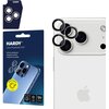 Opakowanie produktu "HARDY Lens Protection Pro" z napisem "Ochrona obiektywu" oraz grafiką przedstawiającą telefon z trzema obiektywami, obok znajduje się biały telefon z trzema obiektywami i nałożonymi szkłami ochronnymi. Na opakowaniu widoczne są ikony 