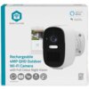 Opakowanie kamery Nedis SmartLife z widocznym zdjęciem urządzenia oraz smartfona z aplikacją, zawiera tekst: "Rechargeable 4MP QHD Outdoor Wi-Fi Camera with Full Colour Night Vision". Na opakowaniu znajdują się również ikony i oznaczenia: "Quad HD 1440p", "IP66", oraz kompatybilność z "alexa" i "Google Assistant".