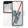 Na zdjęciu widoczny jest biały smartfon z dużym ekranem, na którym znajduje się tekst "6.7” 17,02 cm Galaxy Z Flip". Obok ekranu podane są wymiary urządzenia: 165,1 mm wysokości i 71,9 mm szerokości.