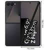 Na zdjęciu widoczny jest czarny smartfon z dużym ekranem, na którym znajduje się tekst "6.9" 17.53 cm" oraz "Galaxy Z Flip". Obok urządzenia podane są wymiary: 166,7 mm wysokości i 75,2 mm szerokości.