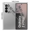 Na zdjęciu widoczny jest smartfon z rozłożonym ekranem, na którym znajduje się napis "Galaxy Z Fold". Obok ekranu widoczne są wymiary: 143.2 mm szerokości, 158.4 mm wysokości, oraz przekątne 20.32 cm (8") i 16.51 cm (6.5").