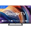 Telewizor z wyświetlaczem prezentującym kolorowe, abstrakcyjne wzory, z dużym napisem "Google TV" na środku ekranu. Na dole ekranu znajdują się ikony z napisami: "Frameless Design", "HDR", "Vivid", "Ultra Clear", "Google Cast" oraz "3 Years Display Warran