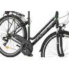 Czarno-zielony rower trekkingowy z widocznym napisem "INDIANA" na ramie oraz oznaczeniem modelu "X-Road 1.0". Rower posiada bagażnik, błotniki, przerzutki oraz odblaski na pedałach i kołach.