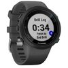 Szary smartwatch z okrągłym wyświetlaczem, na którym widnieje napis "Drill Log 0:34 Press to End Drill" oraz logo "GARMIN" poniżej. Pasek zegarka jest również szary, a na obudowie znajdują się przyciski z oznaczeniami "LIGHT", "UP", "DOWN", "START/STOP" i