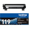 Na zdjęciu widoczny jest czarny toner z oznaczeniem "TN119" oraz opakowanie z napisem "brother at your side" i dużym numerem "119". Opakowanie zawiera dodatkowe informacje, takie jak "A4 1500 pages" oraz kompatybilność z modelami HL-L1120W, HL-L1250W, DCP