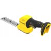Akumulatorowe nożyce do żywopłotu i trawy w kolorze żółtym z czarnymi elementami, z widocznym logo "STANLEY Fatmax" na obudowie. Produkt ma ergonomiczny uchwyt i ostrze z zębami do cięcia.