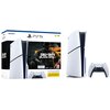 Na zdjęciu znajduje się opakowanie konsoli PlayStation 5 Slim z grafiką gry "Call of Duty: Black Ops 6" oraz widoczne obok konsola i kontroler. Na opakowaniu widnieje logo PlayStation, napis "Call of Duty Black Ops 6" oraz oznaczenie wiekowe 18+.