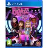Okładka gry "BRATZ Rhythm & Style" na PS4 przedstawia cztery postacie w stylowych strojach na tle sceny z neonowymi światłami. Widoczne są logotypy PS4, PEGI 3 oraz "PS5 Upgrade Available", a także logo "Outright Games".