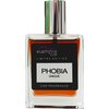 Prostokątna butelka z przezroczystego szkła zawiera pomarańczowy płyn, z metalicznym korkiem na górze. Na czarnej etykiecie widnieje tekst: "euphoria car LIMITED EDITION PHOBIA UNIQUE CAR FRAGRANCE".