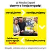 Na obrazie widnieje reklama sklepu Media Expert z hasłem "dbamy o Twoją wygodę!" oraz czterema usługami: "Instalujemy", "Konfigurujemy", "Zabezpieczamy" i "Odbieramy zużyty sprzęt GRATIS!". Na dole znajduje się informacja: "Wszystko podczas wizyty w sklep
