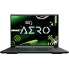 Laptop z otwartym ekranem, na którym widoczna jest grafika z napisem "AERO" oraz "PLAY TO DIFFER." W lewym górnym rogu ekranu znajduje się logo "GIGABYTE".
