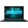 Na zdjęciu widoczny jest laptop z podświetlaną klawiaturą, na ekranie którego wyświetla się dynamiczna grafika z napisem "GIGABYTE". Obudowa laptopa jest ciemna, a klawiatura emituje niebieskie światło.