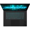 Laptop z otwartym ekranem, na którym widnieje napis "GIGABYTE" w jasnoniebieskim kolorze. Klawiatura podświetlona na niebiesko, z widocznymi klawiszami numerycznymi i touchpadem poniżej.