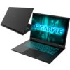 Na zdjęciu widoczny jest laptop z otwartym ekranem, na którym wyświetlany jest napis "GIGABYTE" w neonowym, niebieskim kolorze. Klawiatura laptopa jest podświetlona na niebiesko, a na zamkniętej pokrywie również znajduje się logo "GIGABYTE".