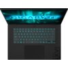 Laptop z otwartym ekranem, na którym widoczny jest napis "GIGABYTE" w jasnym, niebieskim kolorze. Klawiatura podświetlona na niebiesko, z wyraźnie widocznymi klawiszami i touchpadem poniżej.