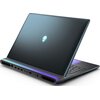 Czarny laptop z podświetlanym logo w kształcie głowy obcego na pokrywie. Widoczne są różne porty z tyłu urządzenia, w tym USB, HDMI i Ethernet.