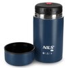 Niebieski termos na jedzenie o pojemności 1000 ml z czarną pokrywką i odkręconą miseczką. Na termosie widoczne jest logo "NILS" oraz ikony symbolizujące zimno, ciepło i pojemność 1L.