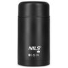 Czarny termos na jedzenie o pojemności 1000 ml z widocznym logo "NILS" oraz symbolami przedstawiającymi śnieżynkę, filiżankę i napis "1L". Produkt ma gładką, matową powierzchnię i prosty, cylindryczny kształt.