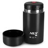Czarny termos na jedzenie o pojemności 1000 ml z odkręconą pokrywką, obok której znajduje się miseczka. Na termosie widoczne jest logo "NILS" oraz ikony symbolizujące zimno, ciepło i pojemność 1 litra.