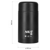 Czarny termos na jedzenie o pojemności 1000 ml z widocznym logo "NILS" oraz ikonami przedstawiającymi śnieżynkę, filiżankę i oznaczenie 1L. Na zdjęciu widoczne są wymiary termosu: wysokość 20,2 cm i średnica 10,3 cm.