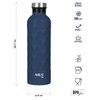 Niebieska butelka termiczna o pojemności 750 ml i wysokości 26,7 cm, z logo "NILS" na dole. Obok butelki znajdują się ikony z napisami: "STAINLESS STEEL", "24h COLD", "DURABLE", "LEAK PROOF", "0.75L", oraz "BPA free".