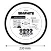 Na zdjęciu widoczna jest tarcza do cięcia z oznaczeniem "GRAPHITE 57T313" o średnicy 230 mm i otworze 22,2 mm, z informacjami takimi jak "EN13236", "Tarcza diamentowa", "MAX 80 m/s", "MAX 6600 min⁻¹" oraz piktogramami dotyczącymi bezpieczeństwa. Na tarczy