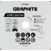 Na zdjęciu widoczna jest tarcza do cięcia z napisem "GRAPHITE" oraz oznaczeniem modelu "57T304". Tarcza ma średnicę 230 mm i otwór 22,2 mm, a także zawiera piktogramy dotyczące bezpieczeństwa i specyfikacji technicznych, takie jak "CERAMIC", "DIAMOND CUT"