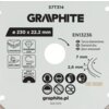 Na zdjęciu widoczna jest tarcza do cięcia z napisem "GRAPHITE" oraz oznaczeniem "57T314". Znajdują się na niej informacje: "Ø 230 x 22.2 mm", "EN13236", "PL Tarcza diamentowa", "GB Diamond disc", "UA Диск алмазний", a także piktogramy dotyczące bezpieczeń