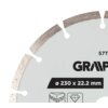 Na zdjęciu widoczna jest część tarczy do cięcia z oznaczeniami: "57T314", "GRAPHITE", "ø 230 x 22.2 mm". Na dole znajdują się ikony przedstawiające cegłę i diament.