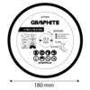 Na zdjęciu widoczna jest tarcza do cięcia z napisem "GRAPHITE" oraz oznaczeniem modelu "57T303". Tarcza ma średnicę 180 mm, a na etykiecie znajdują się informacje techniczne, piktogramy bezpieczeństwa oraz adres strony internetowej "graphite.pl".