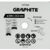 Biała tarcza do cięcia z napisem "GRAPHITE" oraz oznaczeniem modelu "57T320", o średnicy 230 mm i grubości 22,2 mm, z symbolami wskazującymi na zastosowanie do betonu i cięcia diamentowego. Widoczne są również piktogramy dotyczące bezpieczeństwa oraz adre