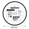 Na zdjęciu widoczna jest tarcza do cięcia z oznaczeniami: "57T321", "GRAPHITE", "Ø 230 x 22.2 mm", "EN13236", oraz piktogramami dotyczącymi zastosowania i bezpieczeństwa. Na dole znajduje się adres strony internetowej "graphite.pl" oraz numer "302.1224".
