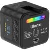 Kompaktowa lampa LED ULANZI L3 RGB, WB, 2700 - 7000K ma czarną obudowę z widocznym logo "Ulanzi" oraz kolorowym wskaźnikiem kąta 0°-360°. Na bocznej stronie znajduje się wyświetlacz z napisem "RGB MODE" oraz przyciski sterujące.