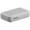 Na zdjęciu widoczny jest biały powerbank z zaokrąglonymi krawędziami, na którym znajduje się napis "AUKEY" oraz oznaczenie pojemności "20000 mAh". Na powierzchni urządzenia widoczny jest również okrągły przycisk i cztery małe diody.