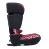 Fotelik samochodowy w kolorze różowym z czarnymi elementami, posiada wzór z motywem Minnie Mouse. Widoczny jest system mocowania ISOFIX oraz kolorowy wzór na siedzisku.