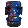 Fotelik samochodowy w kolorze granatowym z motywem Myszki Mickey, ozdobiony wzorem z kolorowymi sylwetkami głowy Myszki. Na foteliku widoczne są napisy "Mickey" oraz logo "bebeconfort".