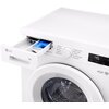 Biała pralka z otwartą szufladą na detergent, na której widnieje logo "LG" oraz napis "8kg". Panel sterowania zawiera pokrętło z programami prania, takimi jak "Bawełna", "Eco 40-60", "Mieszane", "Szybki 30", "Syntetyczne", oraz wyświetlacz pokazujący czas