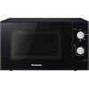Czarna kuchenka mikrofalowa z logo "Panasonic" na przedniej części, posiada dwa pokrętła do regulacji mocy i czasu, z oznaczeniami: "Power" z wartościami 200W, 360W, 700W oraz "Min" z wartościami od 1 do 10. Model kuchenki to "NN-SM22RBEVG".