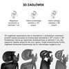 Na zdjęciu znajduje się opis funkcji 3D zagłówka z mechanizmem podwójnego zawiasu, który umożliwia regulację wysokości w zakresie 7 cm oraz obrót przedniego zawiasu o 30 stopni i tylnego o 38 stopni. Poniżej znajdują się trzy ilustracje przedstawiające ró